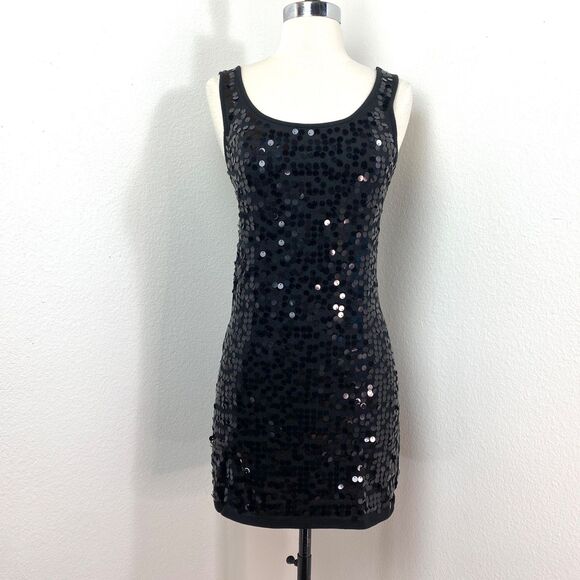 Eye Shadow  Black Sequin Bodycon Dress Small Mini Knit Sleeveless Club Party Y2K - Picture 1 of 10